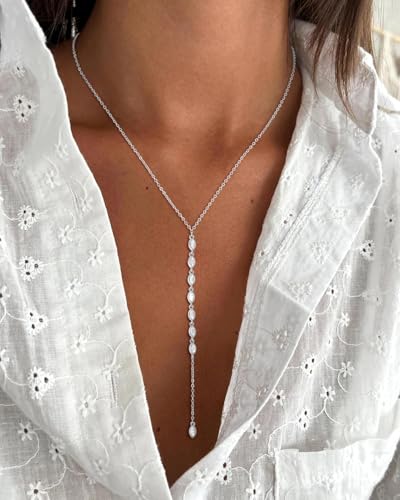Lariat Necklace for Women, Non Tarnish Dainty Chain Stackable 14K Gold Plated Cute Trendy Layered Necklaces Elegant Jewelry Gift for Women Her - color: Silver, style: CZ
