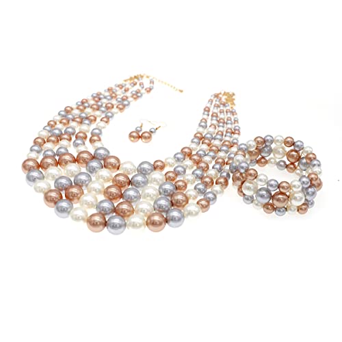 JNF Large Faux Pearl Necklaces for Women Multi strand Pearl Necklace Bracelet and Earrings Set 1920s Costume Pearls Necklace Jewelry Accessories - color: pearl necklace set champagne