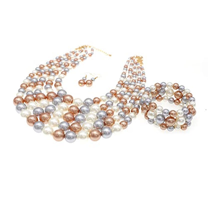 JNF Large Faux Pearl Necklaces for Women Multi strand Pearl Necklace Bracelet and Earrings Set 1920s Costume Pearls Necklace Jewelry Accessories - color: pearl necklace set champagne