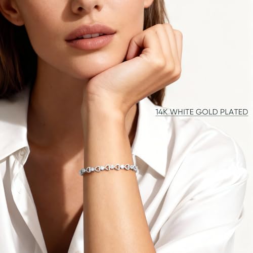 Tennis Bracelet for Women - 14K Gold Plated Heart Cubic Zirconia Bracelet, Dainty Trendy Anniversary Birthday Christmas Jewelry Gift for Her - color: White Gold (6.3-6.8 Inches)