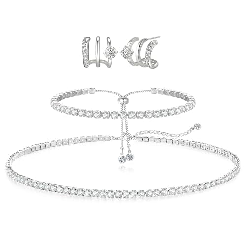 HAXIYA Tennis Necklace Bracelet for Women, Sterling Sliver Jewelry Set, Silver/Gold Chocker Necklace, Crystal Bracelet for Women, Wedding Jewelry for Bride, Sparkly Party Prom Hypoallergenic - color: Hoop Set of 3 - Silver