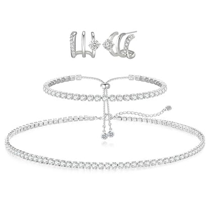 HAXIYA Tennis Necklace Bracelet for Women, Sterling Sliver Jewelry Set, Silver/Gold Chocker Necklace, Crystal Bracelet for Women, Wedding Jewelry for Bride, Sparkly Party Prom Hypoallergenic - color: Hoop Set of 3 - Silver