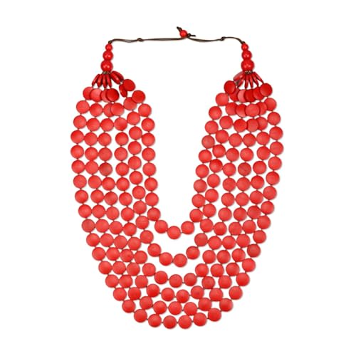 Colorful Wood Bead Necklace Earrings Set for Women Boho Jewelry | Multi Layers Statement Big Vintage Bib Female Chunky African Ethnic Pendant Rainbow Long Tribal Jewelry - color: NXR1453-red