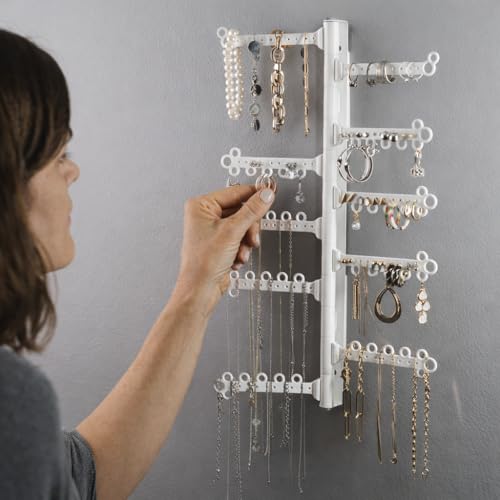 12-Tier Hanging Wall Jewelry Organizer, Earring,Necklace,Ring Holder-White | Large Capacity with 120 Earring Holes, Rotating Branches, genuine 3M Command Strips, Bracelet, Ring & Necklace Storage - color: White 12-Tier
