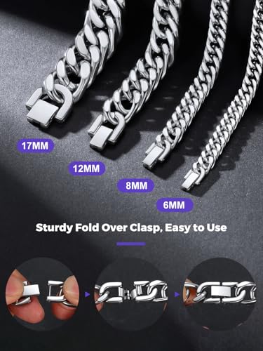 Richsteel Mens Cuban Link Bracelets, Silver/Black/14K Gold Plated Stainless Steel Bracelet for Men 8/12/17mm Width, 7.4/8.2/9 Inch Length Chain Wrist Bracelets With Gifts Box - style: 01-Steel 6mm Width