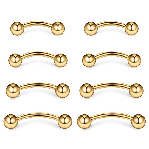 4prs(8pcs) Eyebrow Piercing Jewelry Curved Barbell with Ball Kit Eyebrow Tragus Lip Ring 16g 16 gauge 6mm/8mm/10mm/12mm - color: Gold