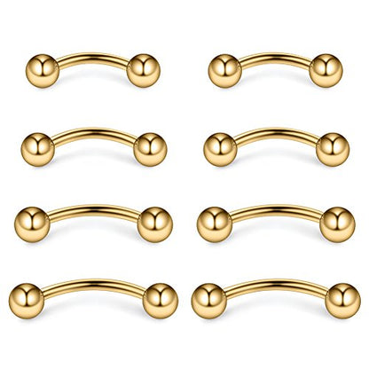 4prs(8pcs) Eyebrow Piercing Jewelry Curved Barbell with Ball Kit Eyebrow Tragus Lip Ring 16g 16 gauge 6mm/8mm/10mm/12mm - color: Gold