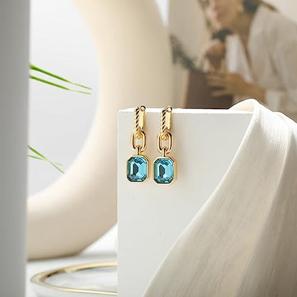 Birthstone Crystal Dangle Drop Earrings, 18K Gold Plated Huggie HoopEarring | Hypoallergenic Earring Jewelry Gifts for Women, Birthdays, anniversaries, weddings - color: Blue-1