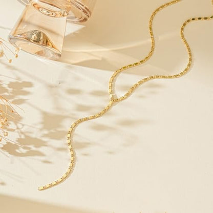 Lariat Gold Necklace for Women, 14K Gold Plated Dainty Drop Y Necklace, Waterproof Non Tarnish Long Layered Beaded Chain Lariat Necklace Prom Jewelry Summer Vacation Gift for Her - color: Gold-2