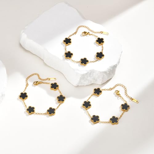 Women Gold Bracelets Jewelry Set - 3Pcs 18K Gold Plated Floral Bracelet,Stainless Steel Charm Bracelet Non-Tarnish,Adjustable Lucky Chain Trendy Gift,Christmas Valentines Birthday Gifts for Girlfriend - style: Black-3pcs