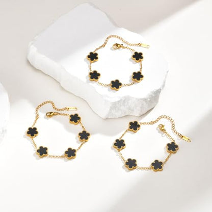 Women Gold Bracelets Jewelry Set - 3Pcs 18K Gold Plated Floral Bracelet,Stainless Steel Charm Bracelet Non-Tarnish,Adjustable Lucky Chain Trendy Gift,Christmas Valentines Birthday Gifts for Girlfriend - style: Black-3pcs