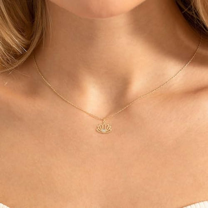 HANLI 14K Gold Plated Necklaces for Women - Dainty Butterfly, Star of David, Moon and Star, Sun, Lotus, Infinity, Hummingbird, Bee,Boots,Chill,Sunflower Pendant Designs - Elegant Jewelry for Women - color: Lotus