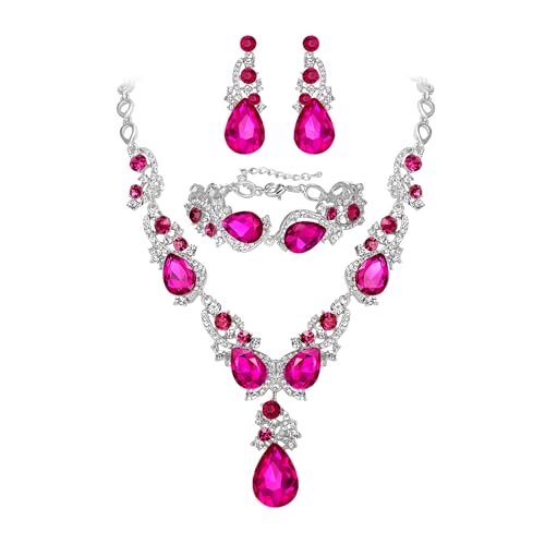 Wedding Bridal Jewelry Set for Women Prom Party Accessories | Shiny Multi Teardrop Cluster Crystal Statement Necklace Dangle Earrings Link Bracelet Set for Bride Bridesmaid - color: Fuchsia Silver-Tone