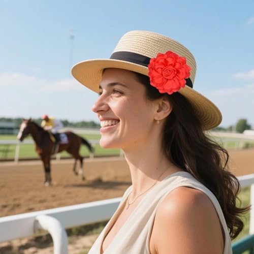 Satin Rose Flower Brooch Hair Clip for Women 4.3 Inch Floral Pin for Hats Dress Everyday Outfits Beach Vacations - color: Red