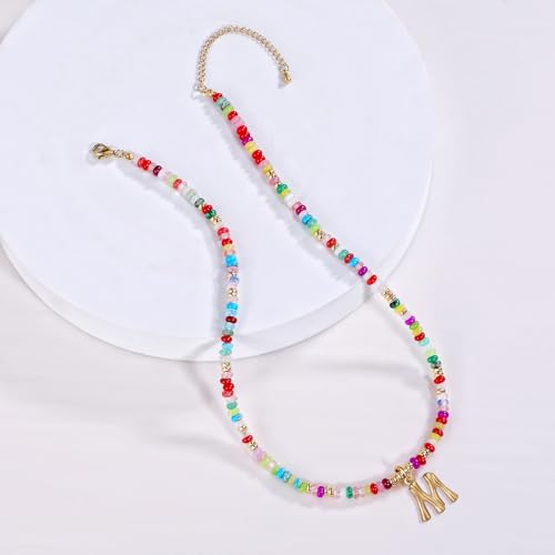 YOUFENG Initial Letter Necklaces for Women Colorful Beaded Gemstone Choker 14K Gold Plated Bamboo Letter Pendant Necklace Natural Stone Handmade Jewelry Gift - color: M