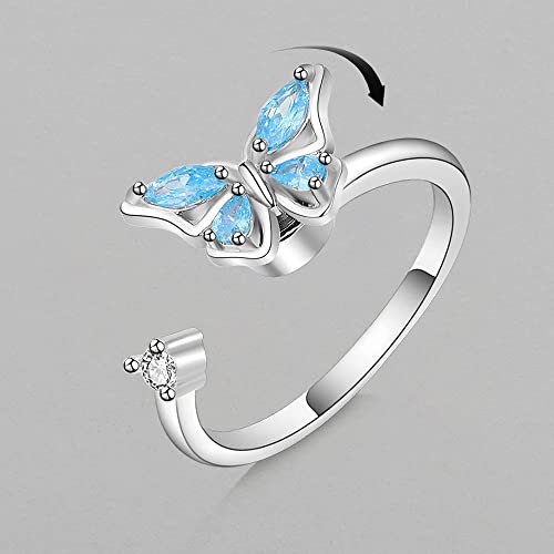 COLORFUL BLING Fidget Sunflower Evil Eye Daisy Spinner Stackable Rings Bee Butterfly Adjustable Open Rotatable CZ Cubic Zirconia Anti Stress for Women Wedding Jewelry - style: Butterfly