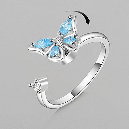 COLORFUL BLING Fidget Sunflower Evil Eye Daisy Spinner Stackable Rings Bee Butterfly Adjustable Open Rotatable CZ Cubic Zirconia Anti Stress for Women Wedding Jewelry - style: Butterfly