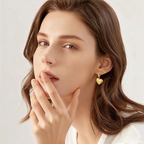Gold Plated Post Heart Charm Huggie Earrings Stud Earrings for Women Lightweight Love Heart Drop Dangle Charm Earring