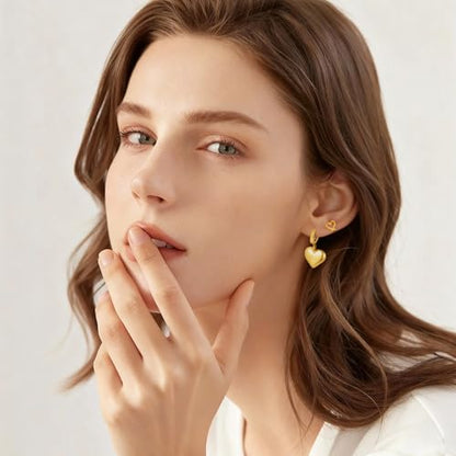 Gold Plated Post Heart Charm Huggie Earrings Stud Earrings for Women Lightweight Love Heart Drop Dangle Charm Earring
