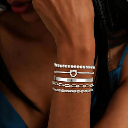 14K Gold Plated Stackable Bangle Bracelets Set for Women | Cuff Bracelet Stackable Bangles Bracelet for Women Trendy Fashion Accessories Tie Knot Cuban Rope Paperclip Beaded Bracelets - color: 5-layer G SL
