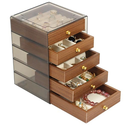 Fordonral Earring Jewelry Organizer Box with 5 Drawers, Plastic Jewelry Storage with Asjustable Velvet Trays, Multiple Display Holder for Earrings Ring Bracelet Necklace (Small-5-Drawer)