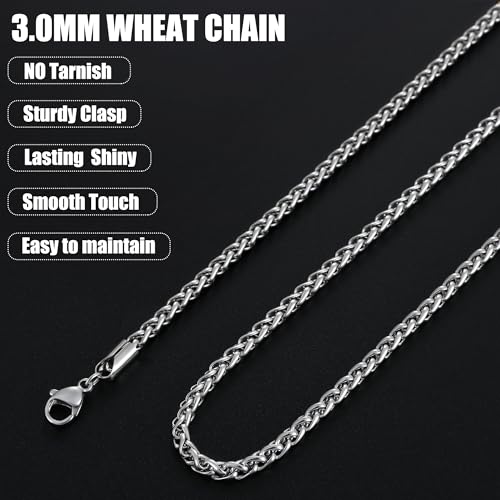 Fiusem Wheat Chains for Men and Women, Silver Tone/Black/14K Gold Plated | 2/2.5/3/4/5mm Stainless Steel Necklace Chain, Mens Necklace Jewelry Gift 16-28 Inch - size: 20 Inches, style: Silver 3.1MM