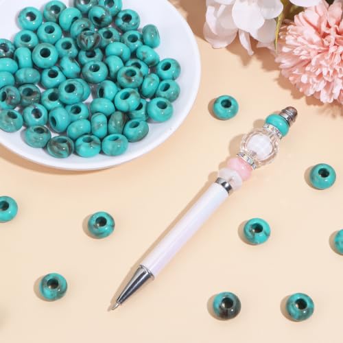 150PCS 14x8mm Turquoise Brown Veined Acrylic European Large Hole Rondelle Spacer Beads with Storage Box, Loose Beads for Bracelet Necklace Earring Hair DIY Jewelry Making - color: Turquoise Brown Veined