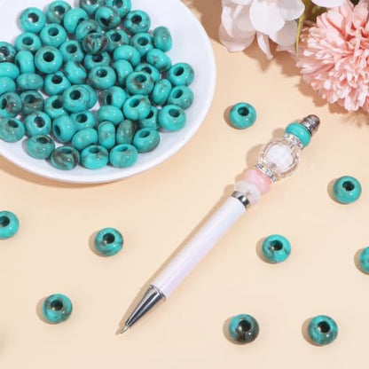 150PCS 14x8mm Turquoise Brown Veined Acrylic European Large Hole Rondelle Spacer Beads with Storage Box, Loose Beads for Bracelet Necklace Earring Hair DIY Jewelry Making - color: Turquoise Brown Veined