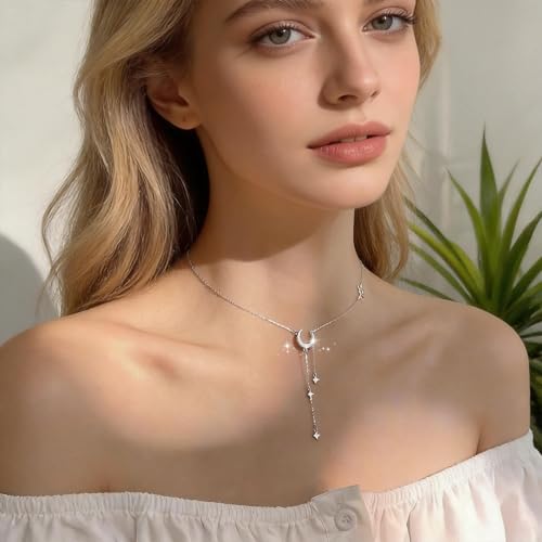 Moon Y Necklace Silver with Star Pendant, Rhinestone Long Link Chain Jewelry, Adjustable Moon Choker Crescent Pendant Collarbone Necklaces, Celestial Statement Jewelry Gifts for Women - style: StyleD