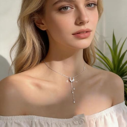 Moon Y Necklace Silver with Star Pendant, Rhinestone Long Link Chain Jewelry, Adjustable Moon Choker Crescent Pendant Collarbone Necklaces, Celestial Statement Jewelry Gifts for Women - style: StyleD