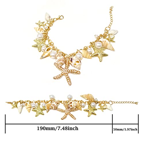 Honbay 1PCS Faux Pearl Sea Shell Starfish Bracelet Fashion Anklet Bracelet Charm Adjustable Mermaid Costume Jewelry in A Box for Women