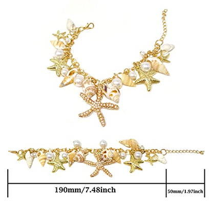 Honbay 1PCS Faux Pearl Sea Shell Starfish Bracelet Fashion Anklet Bracelet Charm Adjustable Mermaid Costume Jewelry in A Box for Women