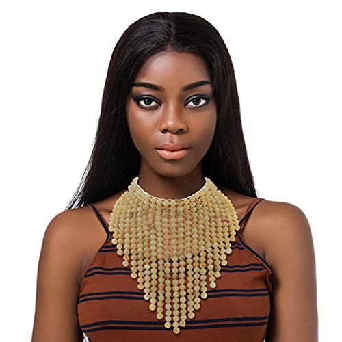 Coiris Boho African Wooden or Acrylic Beaded Bib Statement Necklace Strands Layered Cluster Chunky Collar Choker Wood Necklace for Women Fashion Costume Jewelry - color: Beige