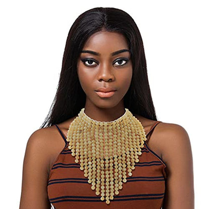 Coiris Boho African Wooden or Acrylic Beaded Bib Statement Necklace Strands Layered Cluster Chunky Collar Choker Wood Necklace for Women Fashion Costume Jewelry - color: Beige