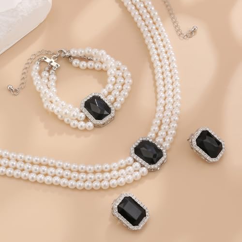Wekicic Faux Pearl Necklace Earrings Set for Women Crystal Pearl Choker Necklace Bracelet Set 1920s Jewelry for Wedding Party - color: Black