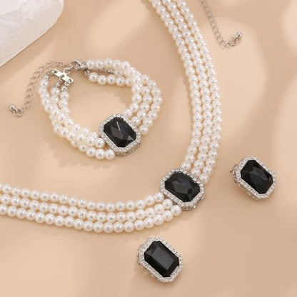 Wekicic Faux Pearl Necklace Earrings Set for Women Crystal Pearl Choker Necklace Bracelet Set 1920s Jewelry for Wedding Party - color: Black