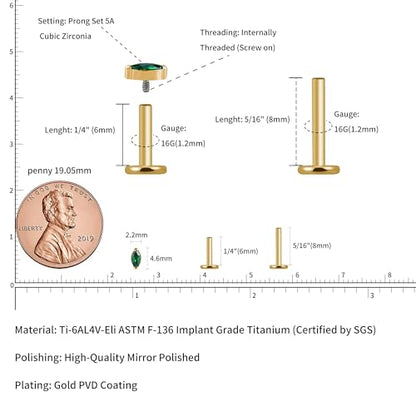 1PC Tragus Conch Helix Flat Labret Piercing Jewelry 16G 6mm 8mm - ASTM F136 Titanium Cartilage Earring Flatback Stud, Implant Grade Internally Threaded Hypoallergenic Body Jewelry (Clear CZ) - color: Green Marquise CZ - Gold