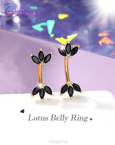 Melighting 14G Gold Lotus Belly Button Ring, Double CZ Navel Ring 316L Surgical Stainless Steel Marquise 5A CZ Steel Belly Bar 8 mm/10 mm - color: Gold Black, size: 14g8mm