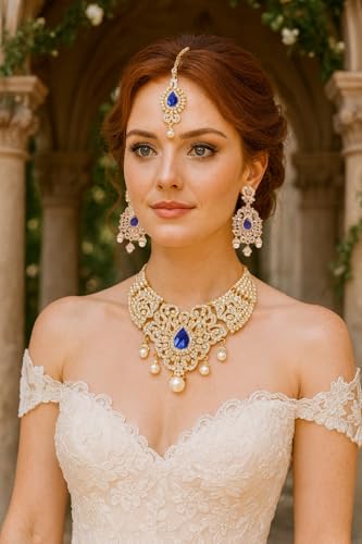 Touchstone Indian jewelry sets for women tikka wedding necklace costume guest statement bollywood rhinestones crystal faux pearls gold big royal neck piece set bridal fashion accessories - color: Blue in Center 2