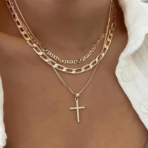 Cross Necklace for Women,Stackable Stacked Stacking Layering Layered Necklaces Dainty Gold Necklace Paperclip Box Flat Mariner Chain Necklace Cross Pendant CZ Diamond Simple Jewelry Gift - color: GD