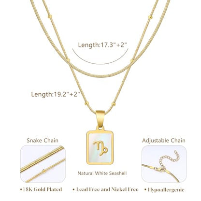 LETFLY Layered Zodiac Necklace for Women 18K Gold Natural Shell Pendant | Birthday Gifts for Women, Daily Wear, Hypoallergenic Material, Personalized Constellation Pendant, Adjustable, Snake Chain - style: Capricorn