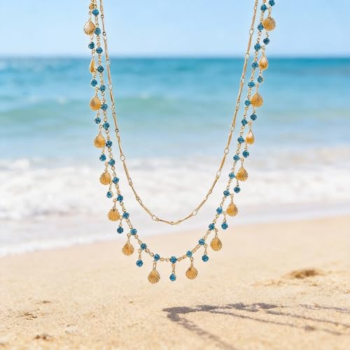 Layered Shell Necklace for Women Gold Seashell Charm Necklace with Crystal Style Drops Tropical Beach Vacation Jewelry Summer Outfit Accessories for Dresses Swimsuits Cruises and Gifts - color: A1:shell necklace