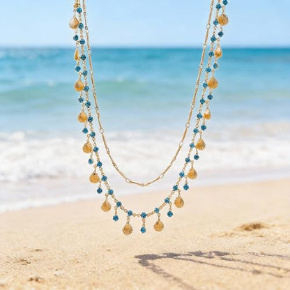 Layered Shell Necklace for Women Gold Seashell Charm Necklace with Crystal Style Drops Tropical Beach Vacation Jewelry Summer Outfit Accessories for Dresses Swimsuits Cruises and Gifts - color: A1:shell necklace