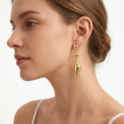 Gold Dangle Earrings for Women,Chunky 14K Gold Plated Drop Dangle Stud Earrings Long Statement Hammered Earring Hypoallergenic Jewelry for Women Gifts - style: Irregular-GD