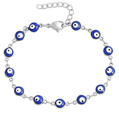 Women's Charm Enamel Evil Eye Protection Link Chain Bracelet - color: Silver,Blue