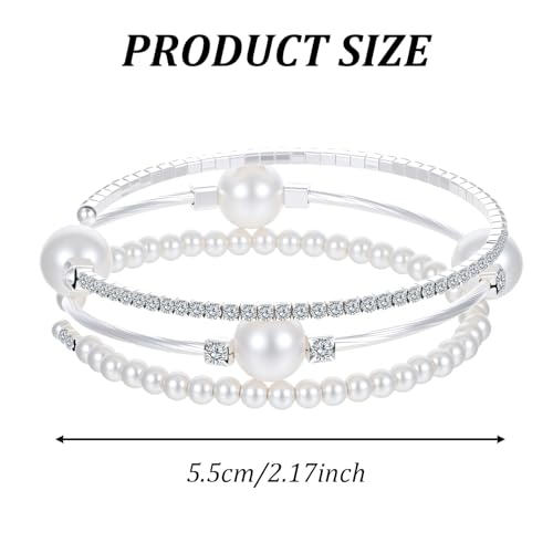 Ymapinc Pearl Bracelets for Women Silver Stretch Bracelets for Women Stackable，Three Layer Bracelet with Pearls and Rhinestones Exquisite Jewelry Decoration