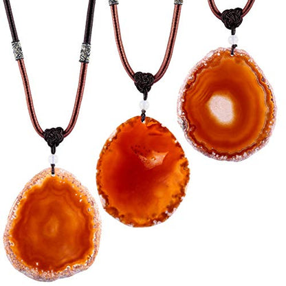 SUNYIK Natural Agate Slice Pendant Necklace for Women Men | Irregular Agate Slice Druzy Geode Pendant Necklace, Adjustable Nylon Rope 17"-29", Boho Healing Crystal Jewelry for Unisex - color: Red