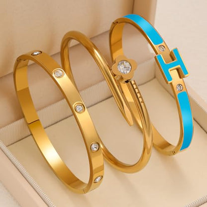 3Pcs Gold Bracelets for Women 14K Gold Plated Love/H/Nail Bangle Bracelet Dainty Non Tarnish Bracelet Jewelry Christmas Mothers Day Gifts for Women - color: 3Pcs Gold/Blue H bracelet
