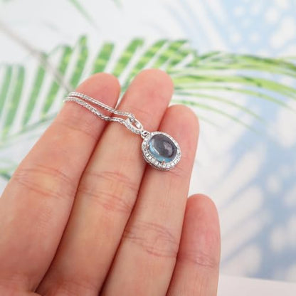 iSTONE 925 Sterling Silver Natural Crytral for Womens Pendant Necklace, Gemstone Birthstone with 17.8" Silver Chain Ladies - color: Oval Aquamarine
