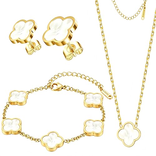 Clover Jewelry Set 3 PC - 18K Gold Plated Stainless Steel Y Necklace Four Leaf Pendant, Clover Bracelet Charm, 4leaf Earrings, Hypoallergenic Non-Tarnish, Lucky Jewelry Gifts for Women Mom - color: White/Gold